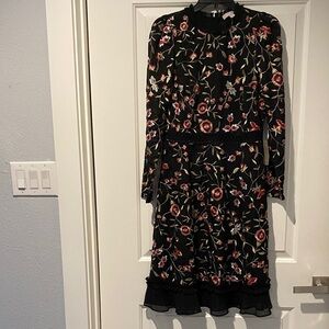 NWT Floral Black Dress w/ruffled collar & bottom w/hidden back zipper